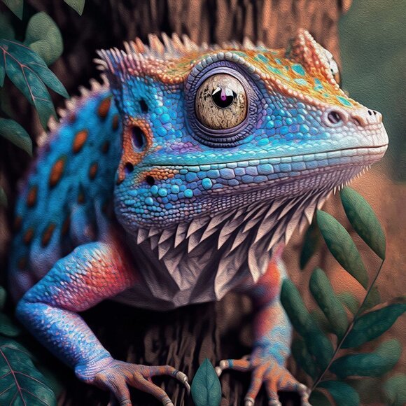 16x20 Chameleon Gecko Lizard Fantasy Art Watercolor Oil Painting Print - Picture 2 of 8